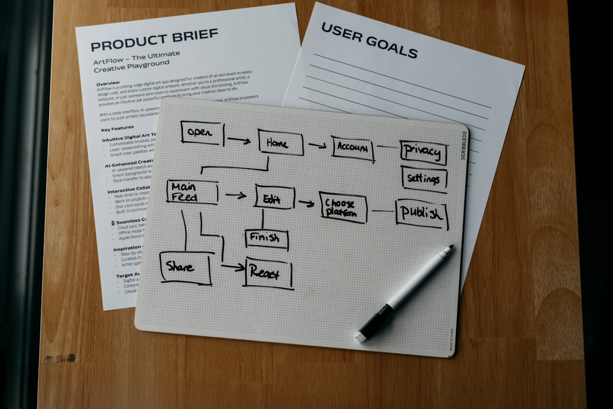 Workflow diagram on a desk